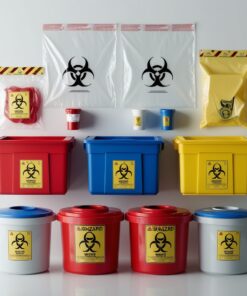 yellow sharps bin with purple lid