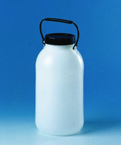 Storage bottle 5 l, PE-HD, wide neck with screw cap and carrying handle, w/o stopcock, Ø 165mm, H 320mm, inner neck Ø 85mm