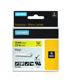 Dymo Original IND-Tape for Rhino, 12mm x 5.5m, Coloured Vinyl, Black on Yellow