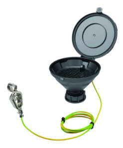 SCAT Funnel with lid "MARCO", V2.0, S55, PE-HD electrostatic conductive, 140 mm, with removable sieve and earthing cable